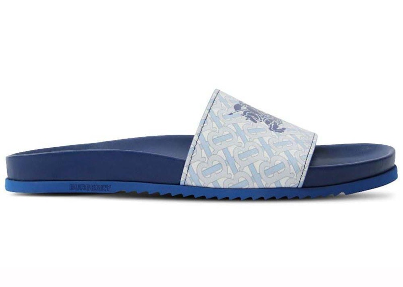 Pre-owned Burberry Men's Ekd Monogramprint Leather Slides Sneakers In Blue