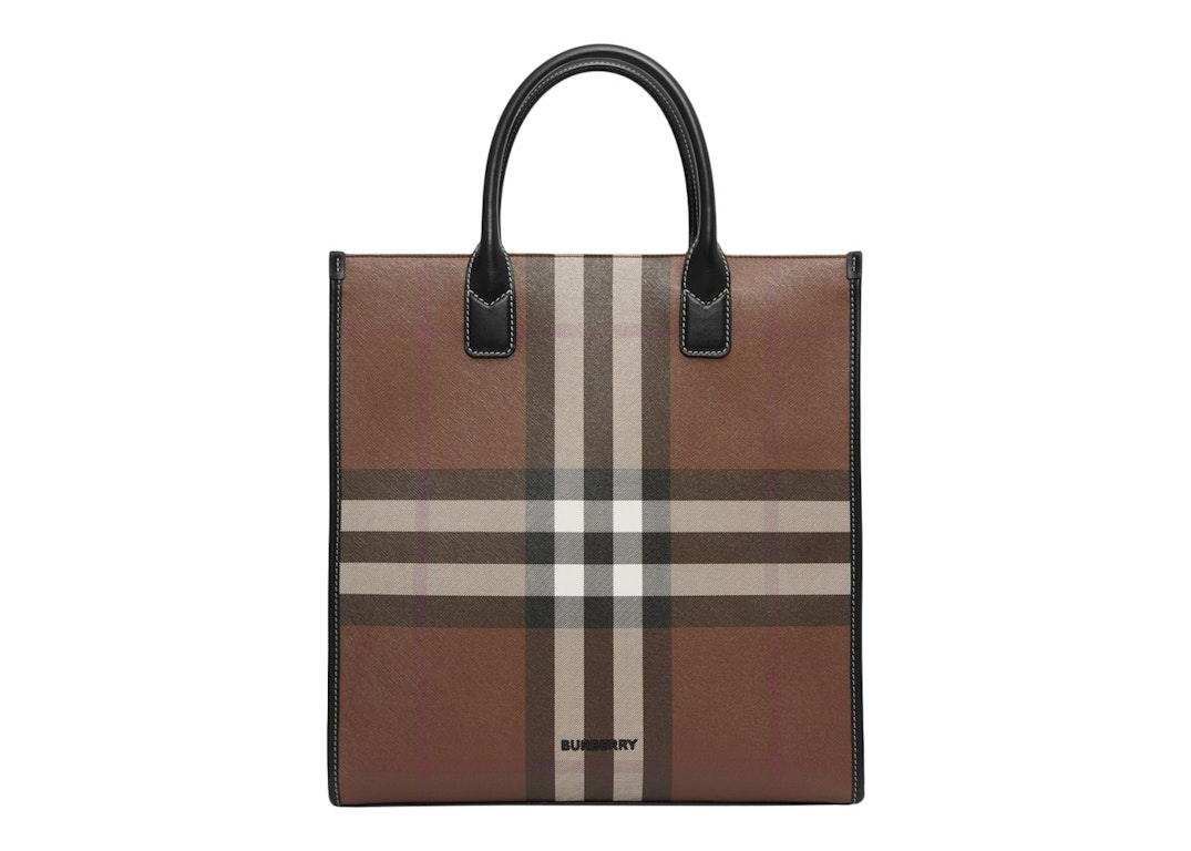 Pre-owned Burberry Exaggerated Check Slim Vertical Denny Tote Dark Birch Brown/black