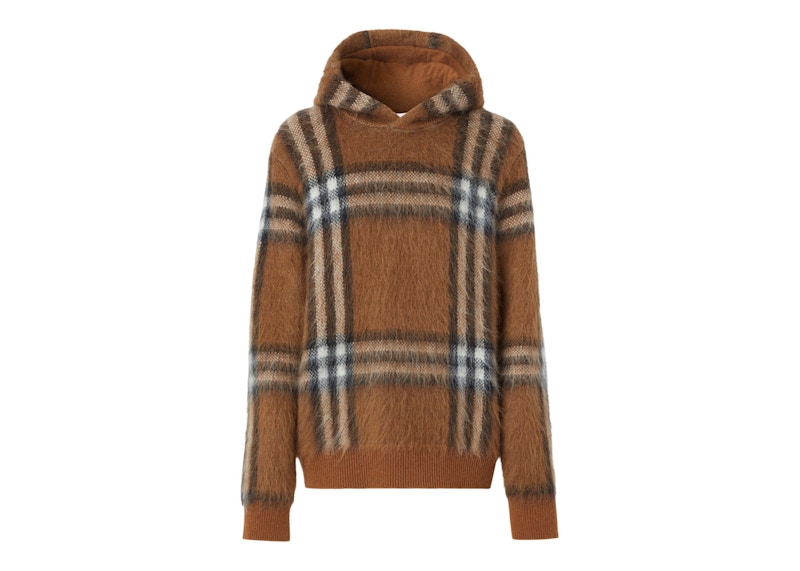 Pre-owned Burberry Men's Exaggerated Check Wool Mohair Blend Hoodie In Dark Birch Brown