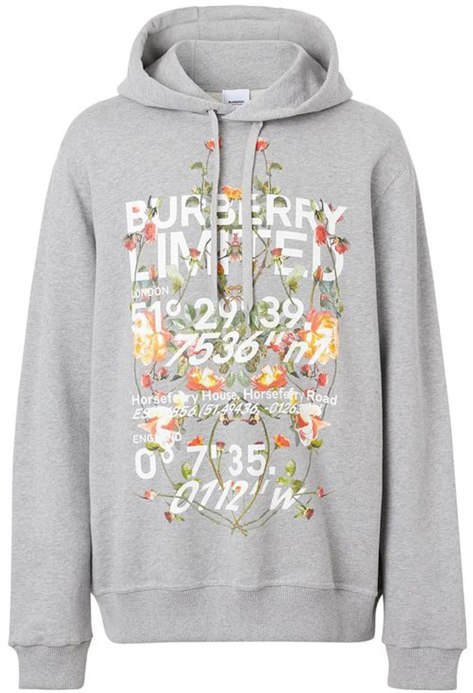 Burberry Floral Montage Print Hoodie Grey/Melange Men's - US