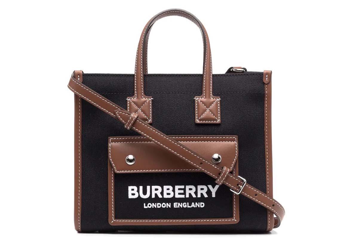 Burberry Freya Tote Black/Tan in Leather/Nylon with Silver-tone - US