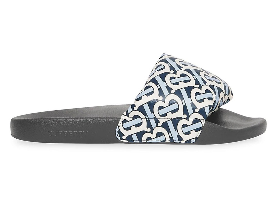 Pre-owned Burberry Furley Tb Flock Slides White Navy Leather (women's) In White/navy/black