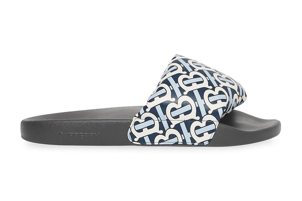 Pre-owned Burberry Furley Tb Flock Slides White Navy Leather (women's) In White/navy/black