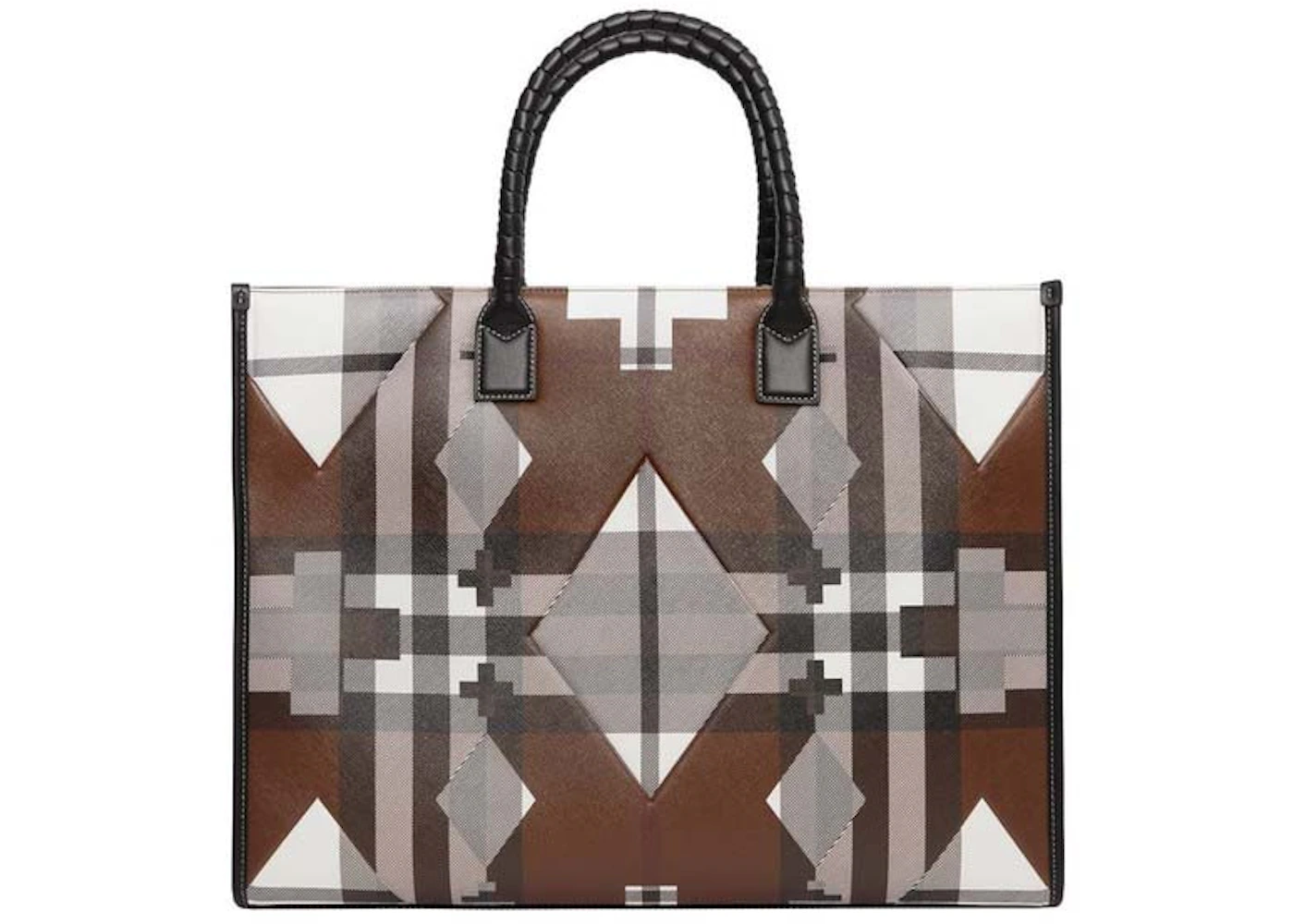 Burberry Geometric Check Tote Bag Brown in Leather with Silver-tone - GB