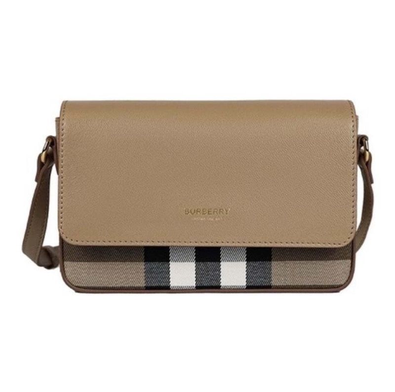 Pre-owned Burberry Women's Hampshire Check Canvas Leather Crossbody In Beige