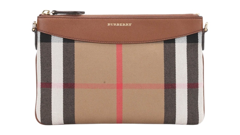 Pre-owned Burberry Women's  House Check Peyton Crossbody Bag In Tan In Brown