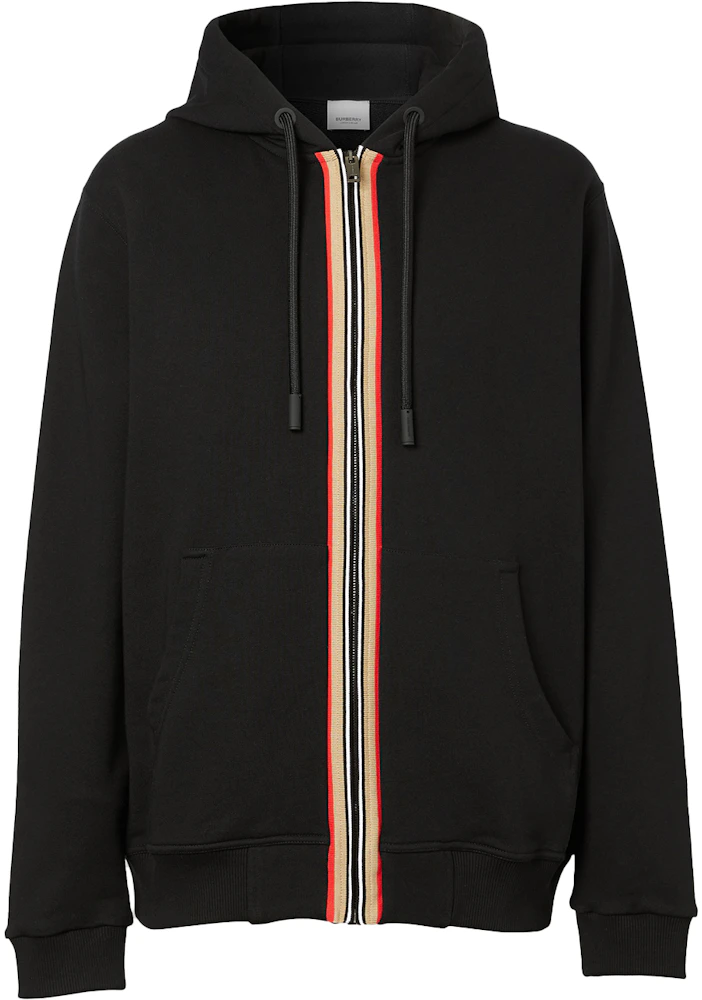 Burberry Icon Stripe Detail Cotton Zip-Front Hooded Sweatshirt Black ...