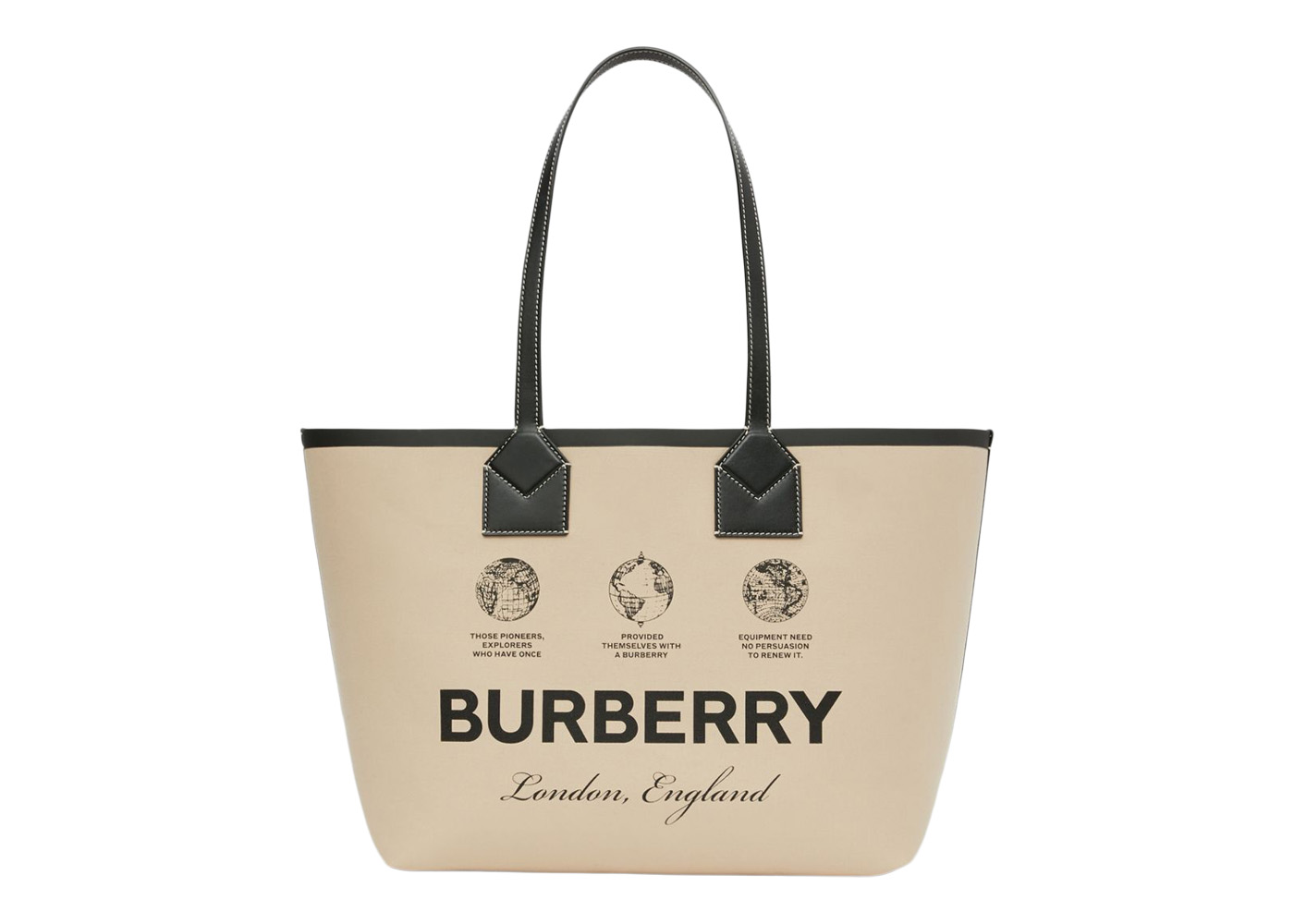 Burberry Label Print Cotton Medium London Tote Bag Beige/Black