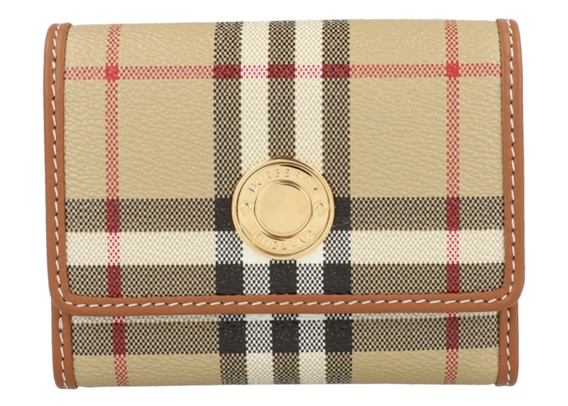 Pre-owned Burberry Women's  Lancaster Check Trifold Wallet In Archive Beige