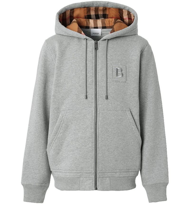 Burberry Letter Graphic Cotton Blend Zip Hoodie Pale Grey Melange