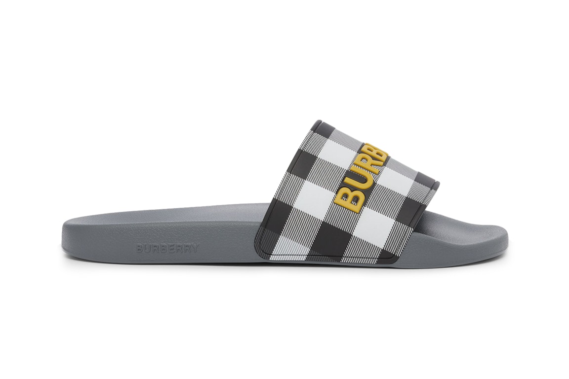 Pre-owned Burberry Logo Detail Check Slides Storm Grey In Storm Grey/yellow