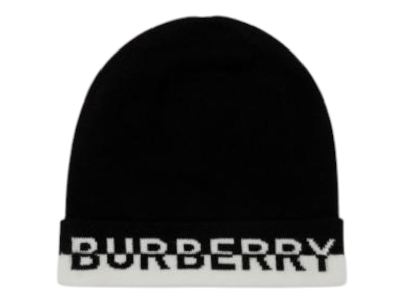 Burberry Logo Intarsia Beanie Black White in Wool - US