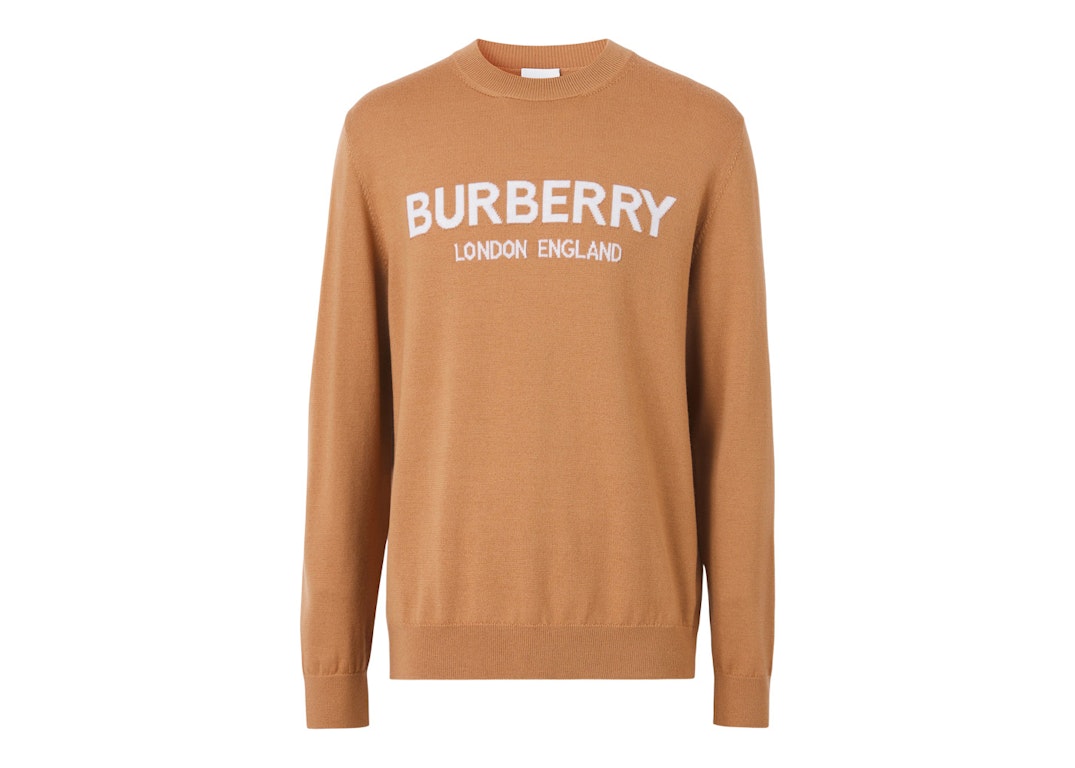 Pre-owned Burberry Logo Intarsia Wool Blend Sweater Camel/white
