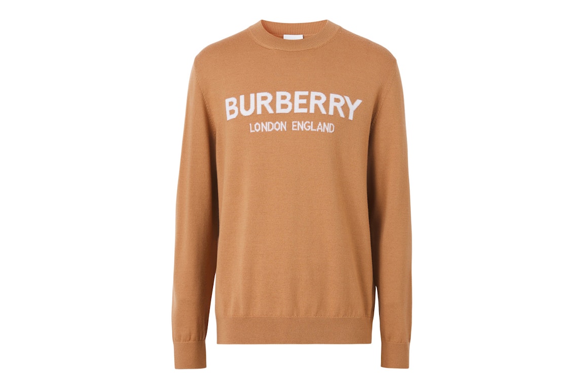 Pre-owned Burberry Logo Intarsia Wool Blend Sweater Camel/white