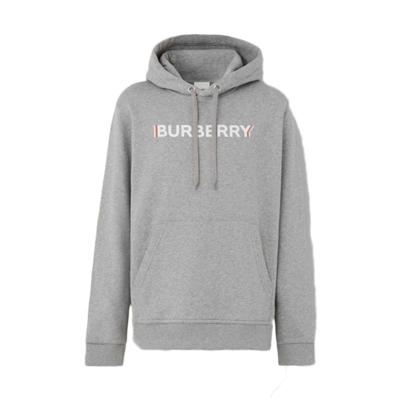 Burberry Logo Print Cotton Hoodie Pale Grey Melange