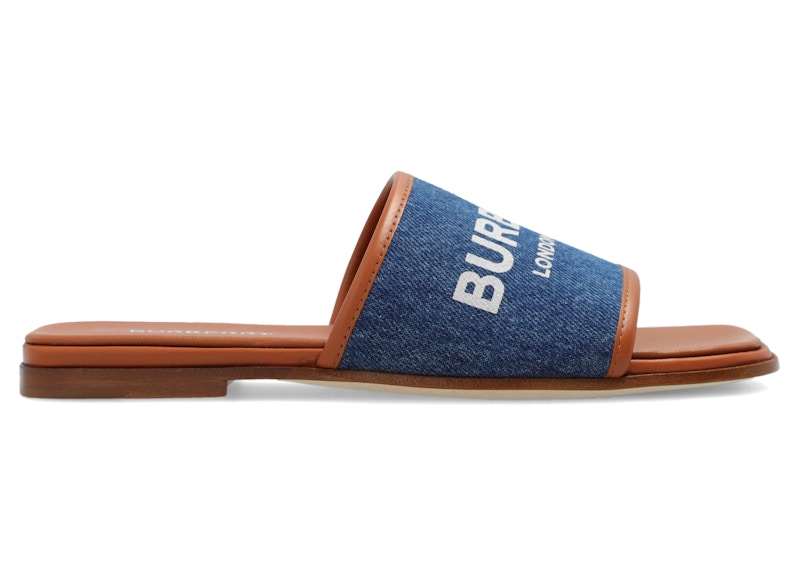 Pre-owned Burberry Logo Print Slipper Sandals Blue (women's) Sneakers In Tan/denim