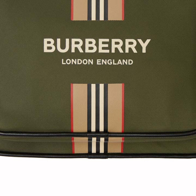 Burberry Logo and Icon Stripe Print Econyl Crossbody Bag Dark Olive Green in Canvas with Silver