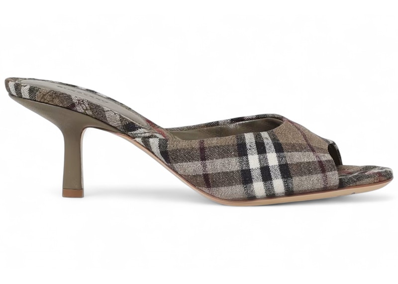 Pre-owned Burberry Mews Check Knit Heeled Mule Dark Beige (women's) Sneakers In Khaki In Brown