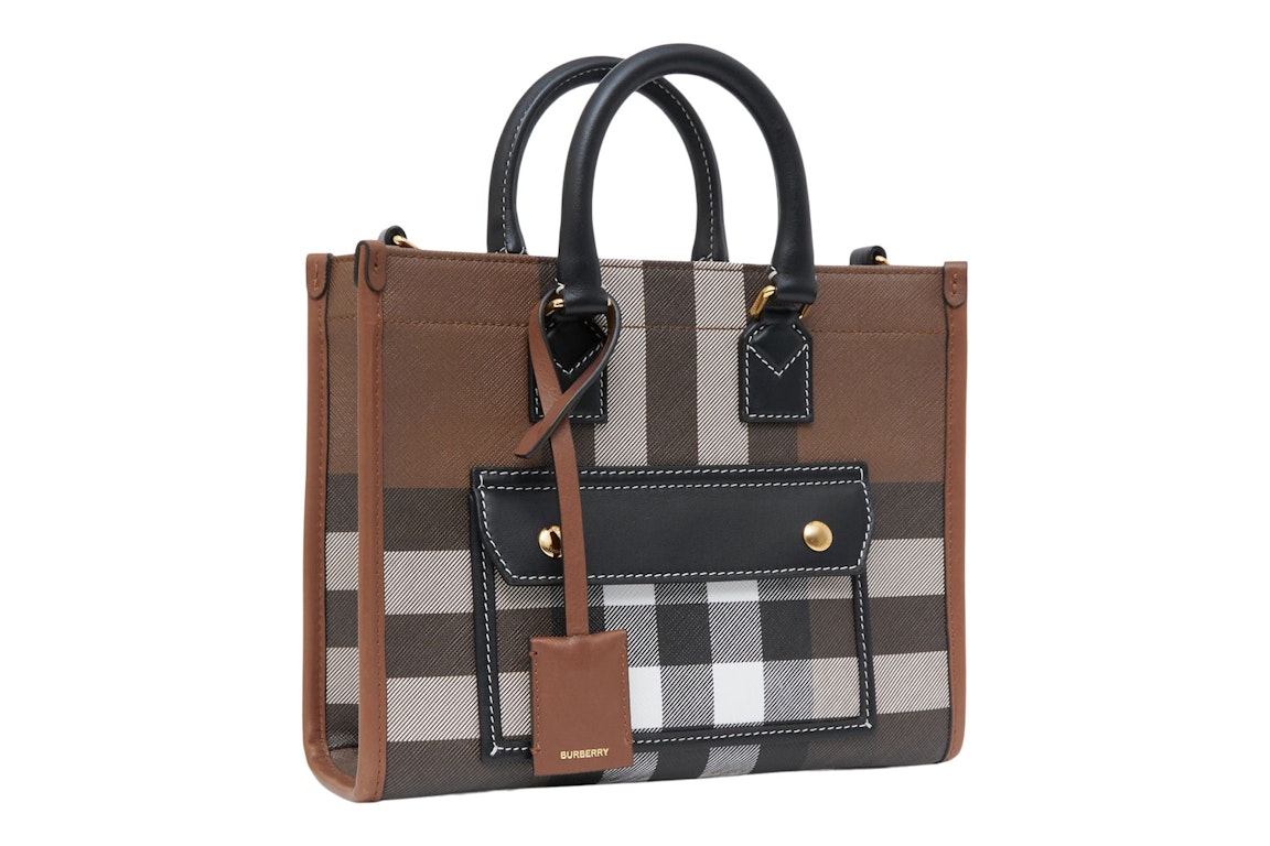 Pre-owned Burberry Mini Check And Leather Freya Tote Bag Dark Birch Brown
