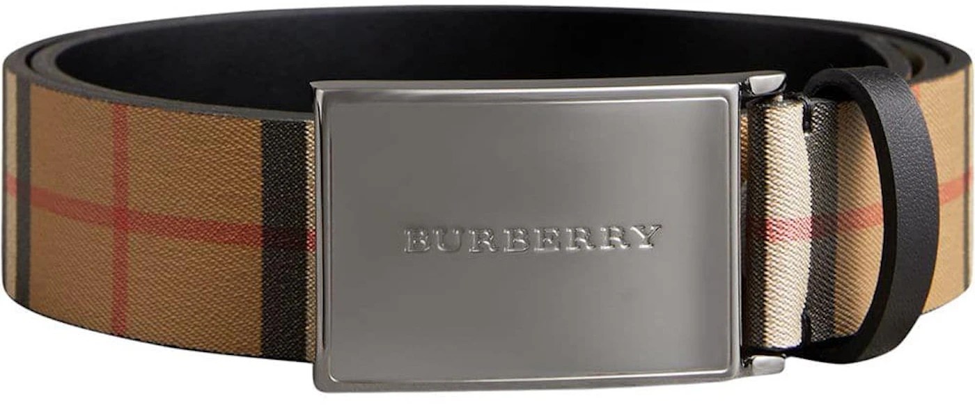 Burberry Plaque Buckle Vintage Check Leather Belt 1.4 Width Black in  Calfskin with Brass-tone - US