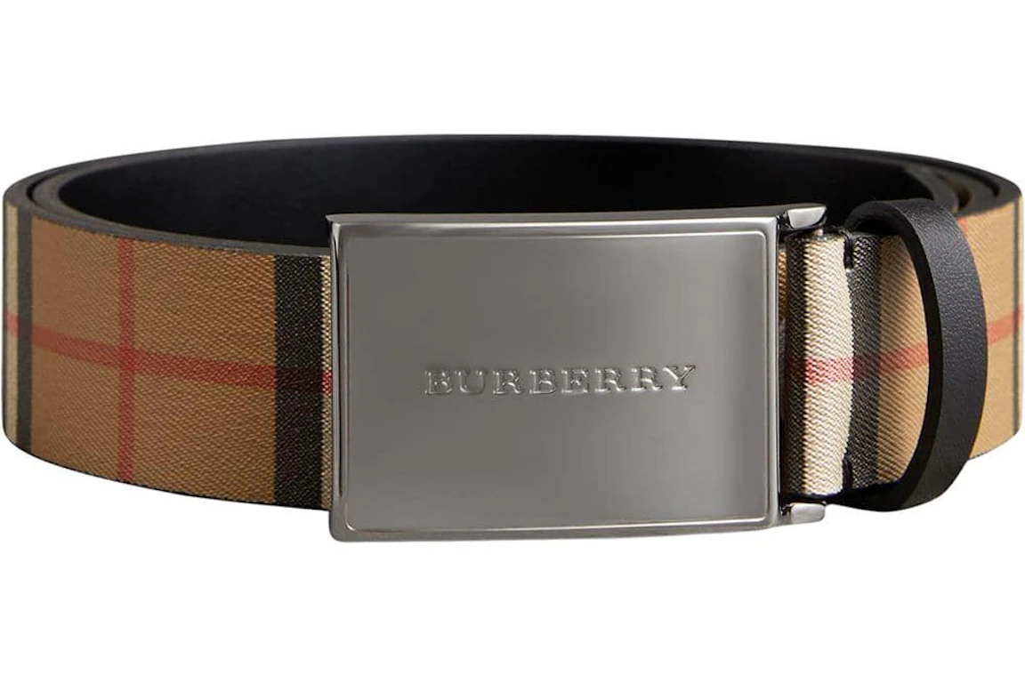 Burberry Plaque Buckle Vintage Check Leather Belt 1.4 Width Black