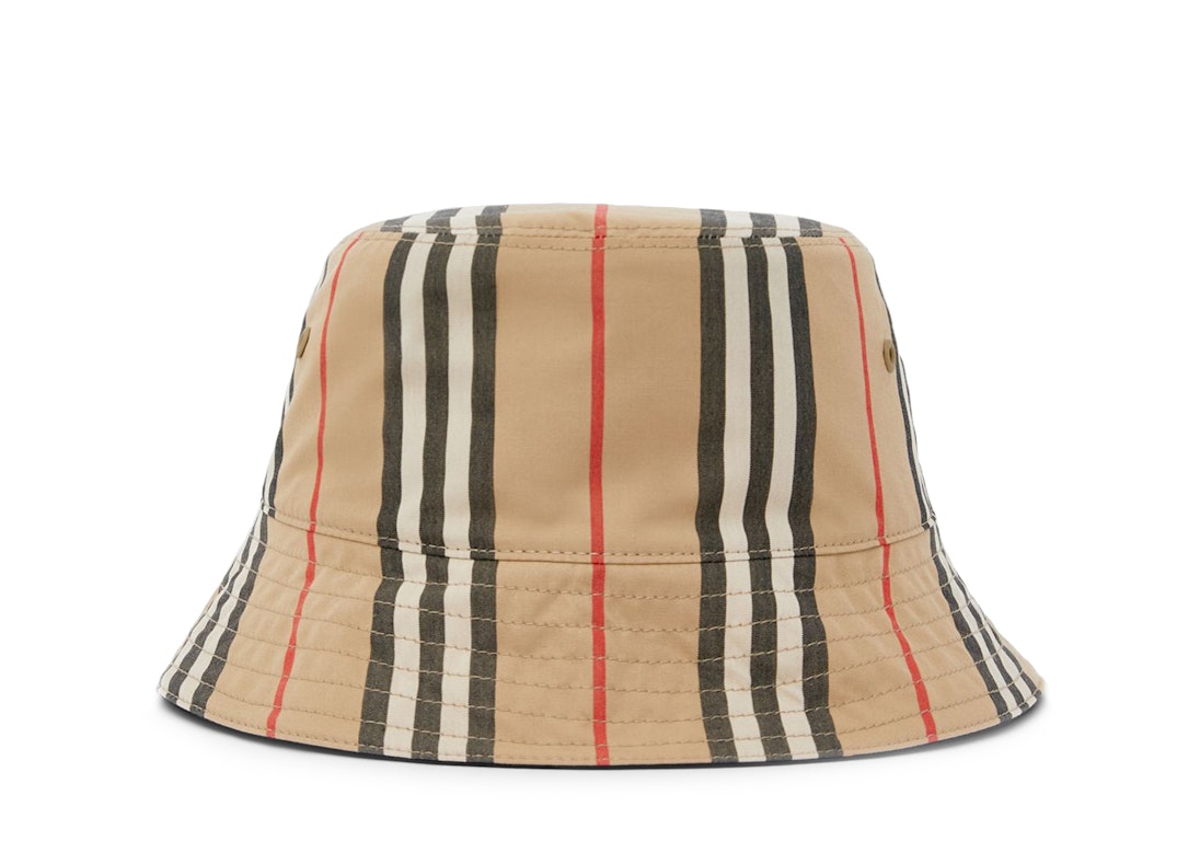 Pre-owned Burberry Reversible Icon Stripe Cotton Bucket Hat Archive Beige