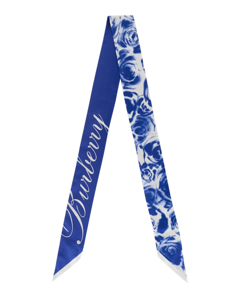 Pre-owned Burberry Women's Roseprinted Silk Scarf In Blue/white