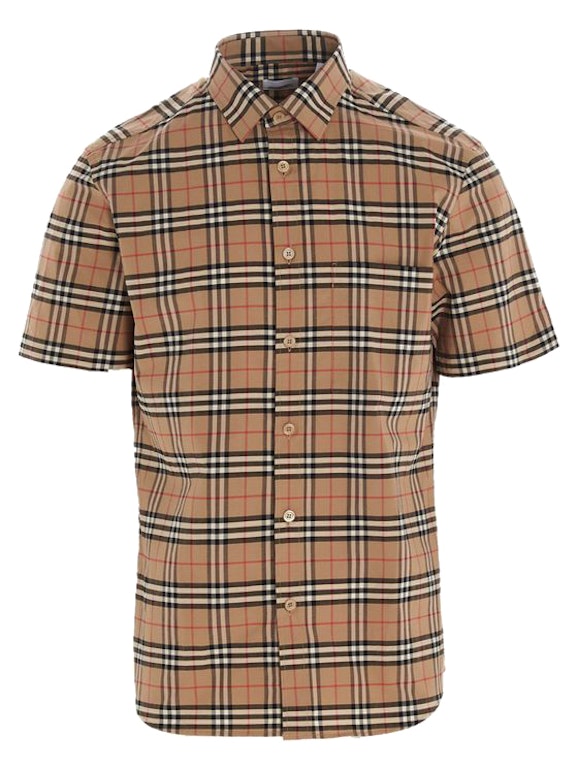Pre-owned Burberry S/s Small Scale Check Stretch Cotton Shirt Archive Beige