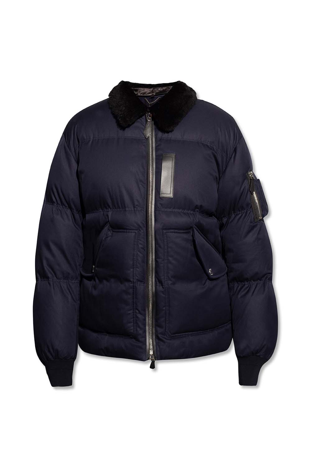 Burberry Shearling Collar Cotton Gabardine Puffer Jacket Navy