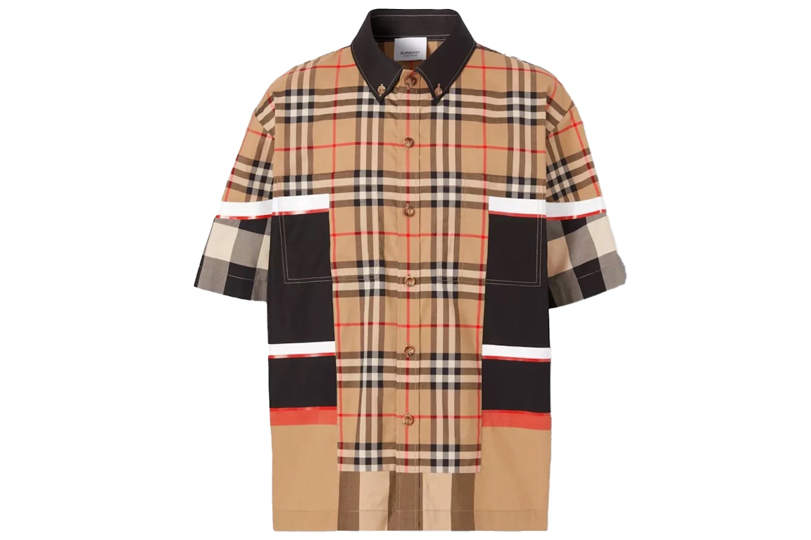 Pre-owned Burberry Short-sleeve Patchwork Check Cotton Shirt Archive Beige