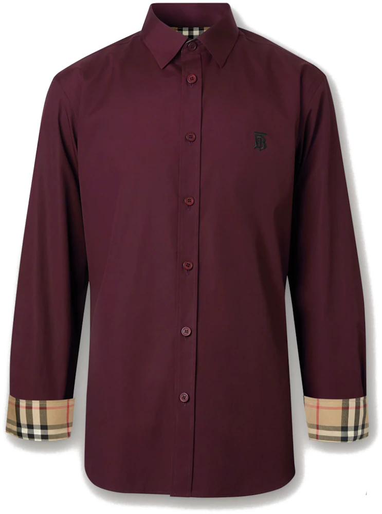 Burberry Slim Fit Monogram Motif Stretch Cotton Poplin Shirt Deep Maroon -  FW21 - US