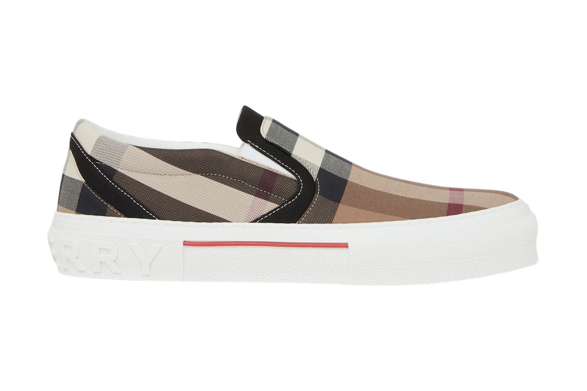 Pre-owned Burberry Slip On Sneakers Exaggerated Check Birch Brown White In Birch Brown/white