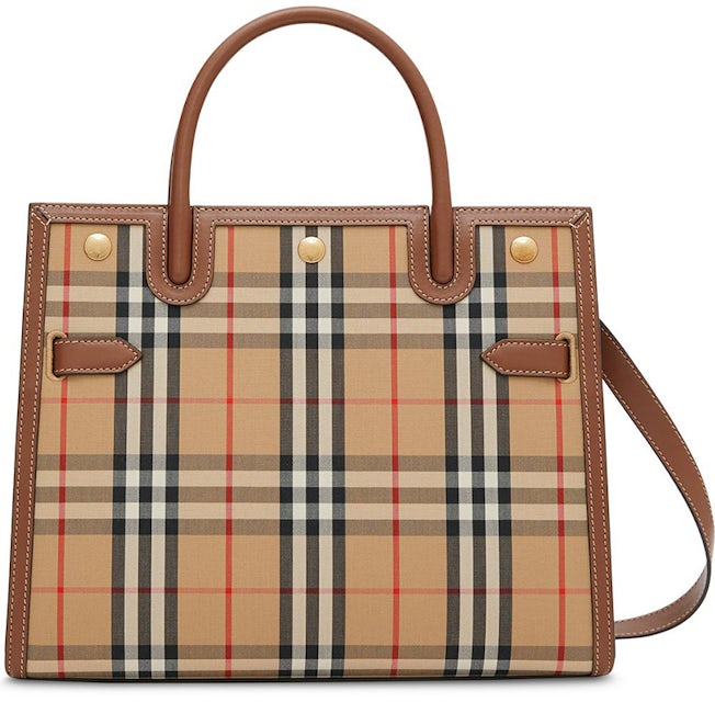 Burberry Title Two Handle Tote Vintage Check Canvas and Leather Small  Neutral 2174151