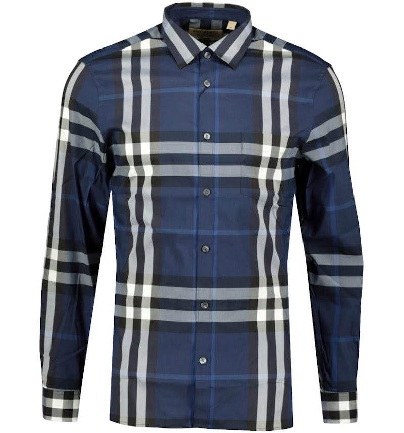 Burberry Stretch Cotton Poplin Shirt Navy White Men's US