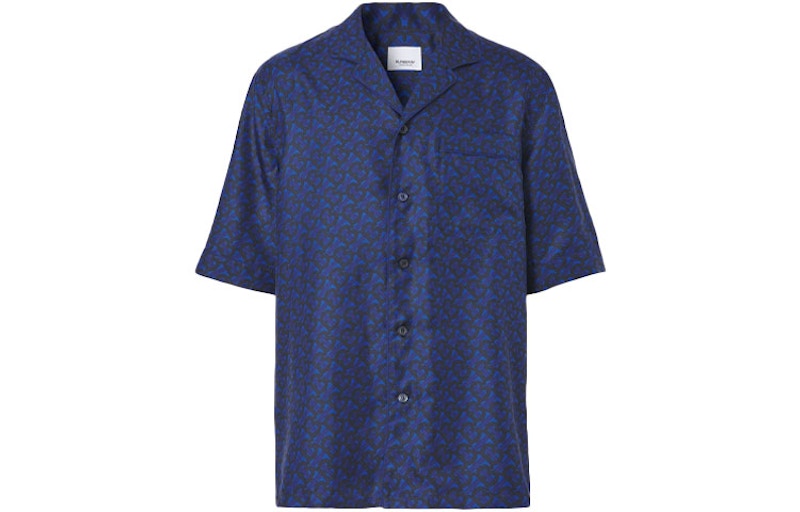 Burberry TB Monogram Print Silk Shirt Deep Royal Blue Men's - US