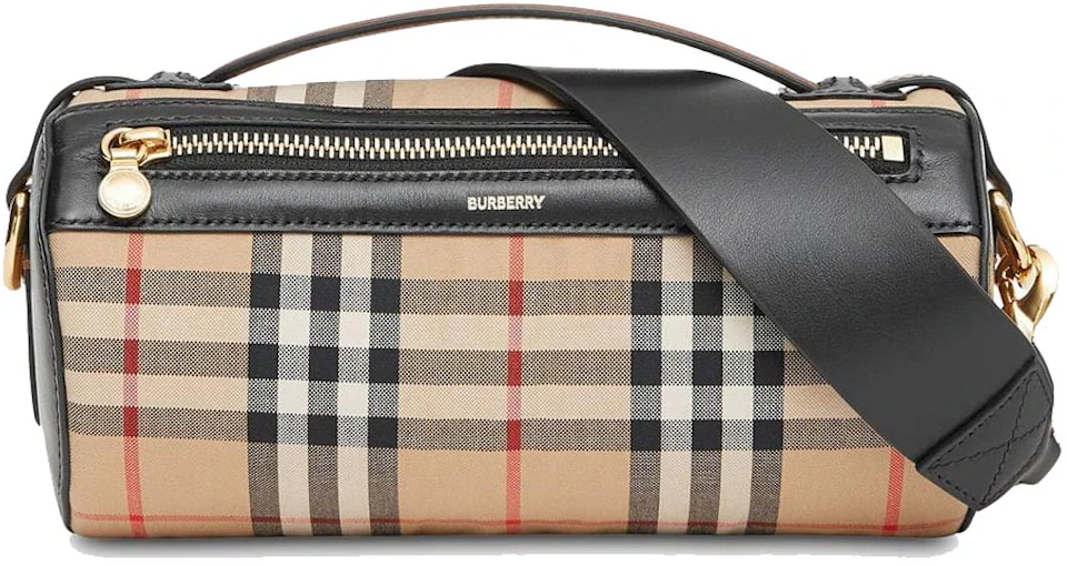 Burberry The Vintage Check and Leather Barrel Bag Archive Beige/Black in  Cotton with Gold-tone - US