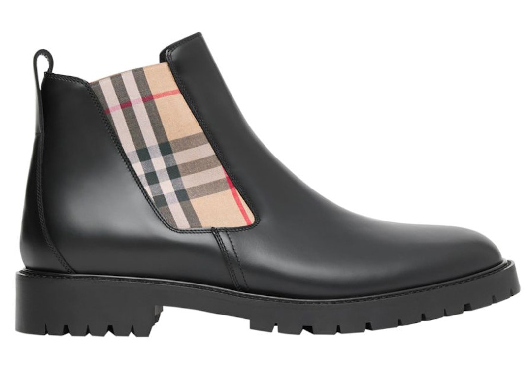 Pre-owned Burberry Vintage Check Leather Chelsea Boot Black Beige (women's) In Black/beige