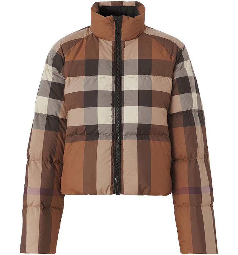 Burberry Doudoune courte à carreaux pour femme Marron bouleau