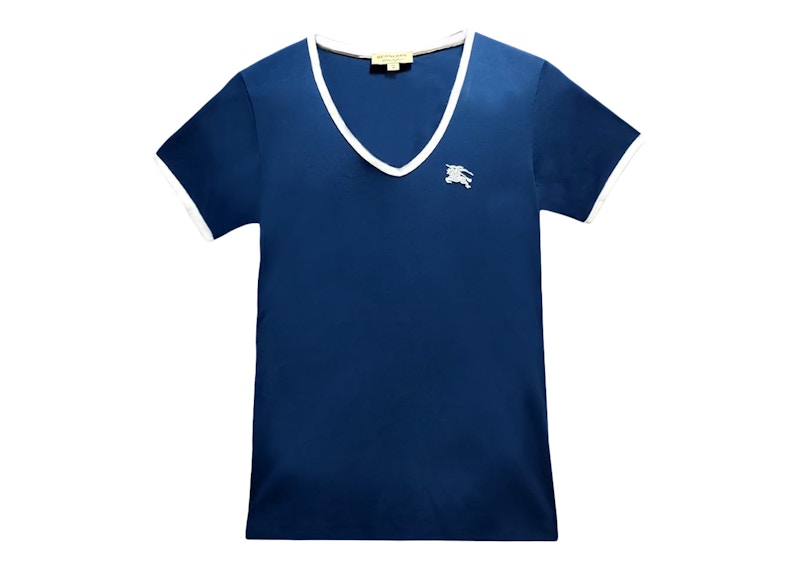 Burberry Women s Embroidered Monogram EKD V Neck T shirt Blue White US