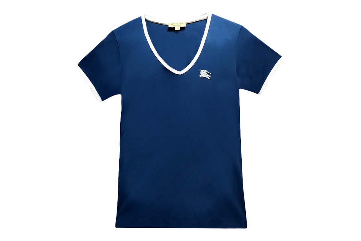 Pre-owned Burberry Women's Embroidered Monogram Ekd V Neck T-shirt Blue/white