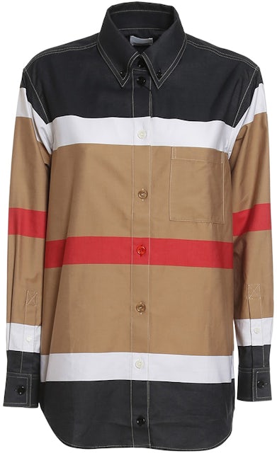 Burberry Women's Ivanna Stripe Pattern Button-Up Shirt Beige/Multi
