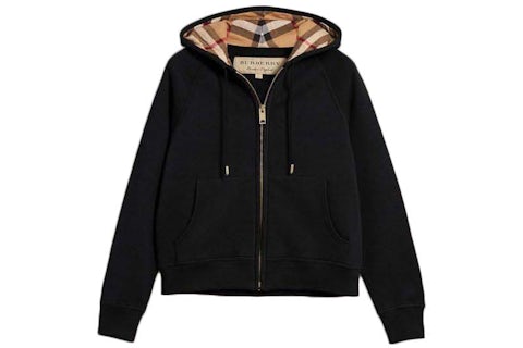 Burberry Zip Up Hoodie With Check Hood Black Archive Beige US