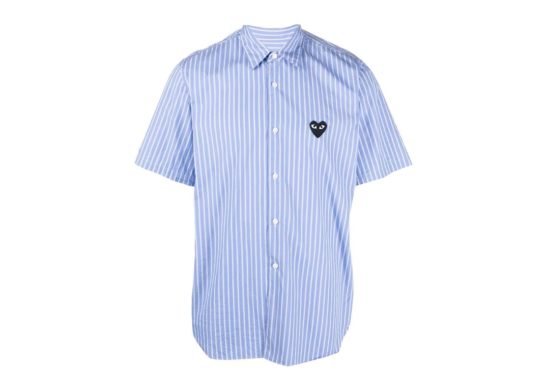 Pre-owned Cdg Play Comme Des Garcons Play Black Emblem Striped Short Sleeve Button Up Shirt Blue/white