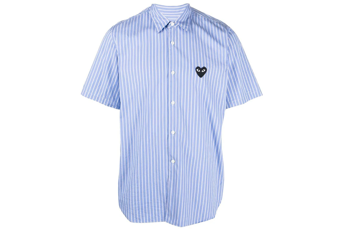 CDG Play Black Emblem Striped Short Sleeve Button Up Shirt Blue/White