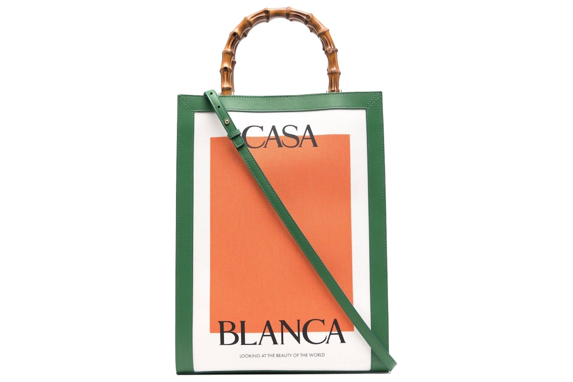 Pre-owned Casablanca Logo Print Bamboo Handle Tote Green/orange/white