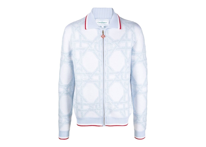 Casablanca Monogram Intarsia-Knit Cardigan White/Light Blue/Red