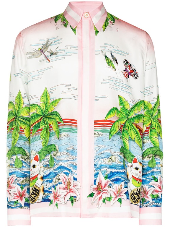 Pre-owned Casablanca Palm Print Long Sleeve Silk Shirt Multicolor