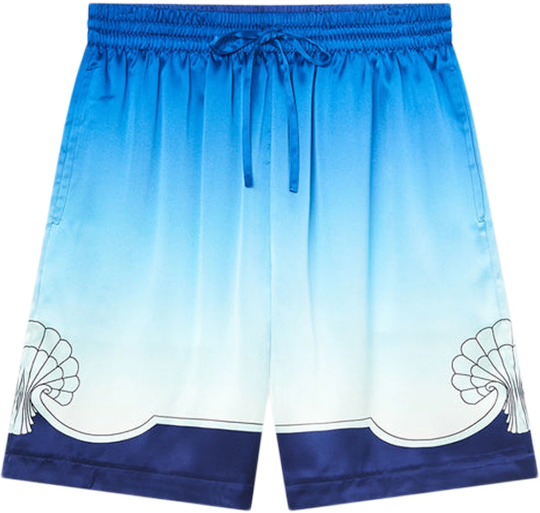 Louis Vuitton Size 34 Light Blue & Navy Silk Elastic Waist Monogram Shorts