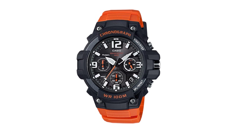 Casio Men’s Black Dial Chronograph Watch with Orange Resin Strap MCW100H4AV in Rubber
