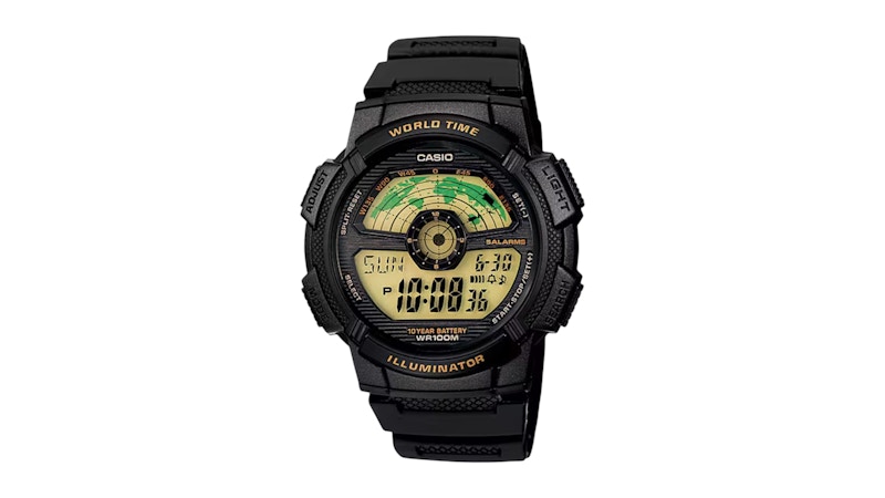 Casio Men’s Black Digital World Time Watch with GoldTone Display AE1100W1BV in Plastic